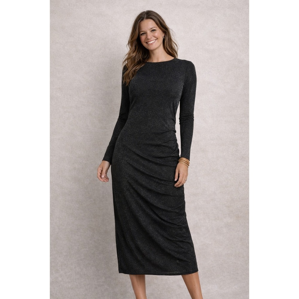 Miou Muse Black Shimmer Ruched Midi Dress Womens S Long Sleeve Bodycon Cocktail